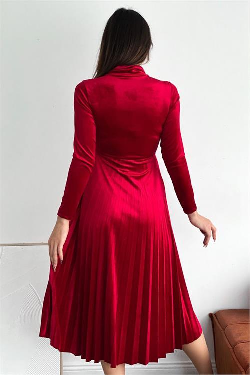 Dipmoda kadın yakası bağlama detaylı piliseli kadife elbise NBQ012