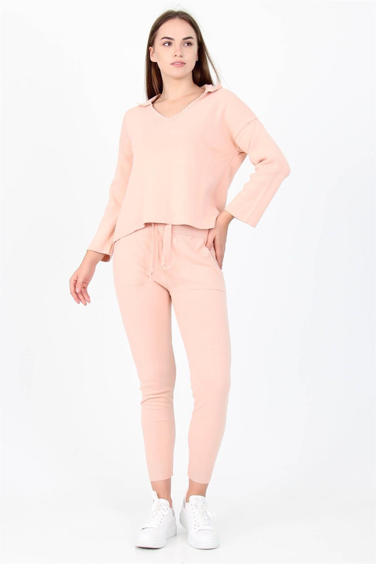 Dipmoda Kadın Yakası örgü detaylı İkili Triko Takım DPPCNH09