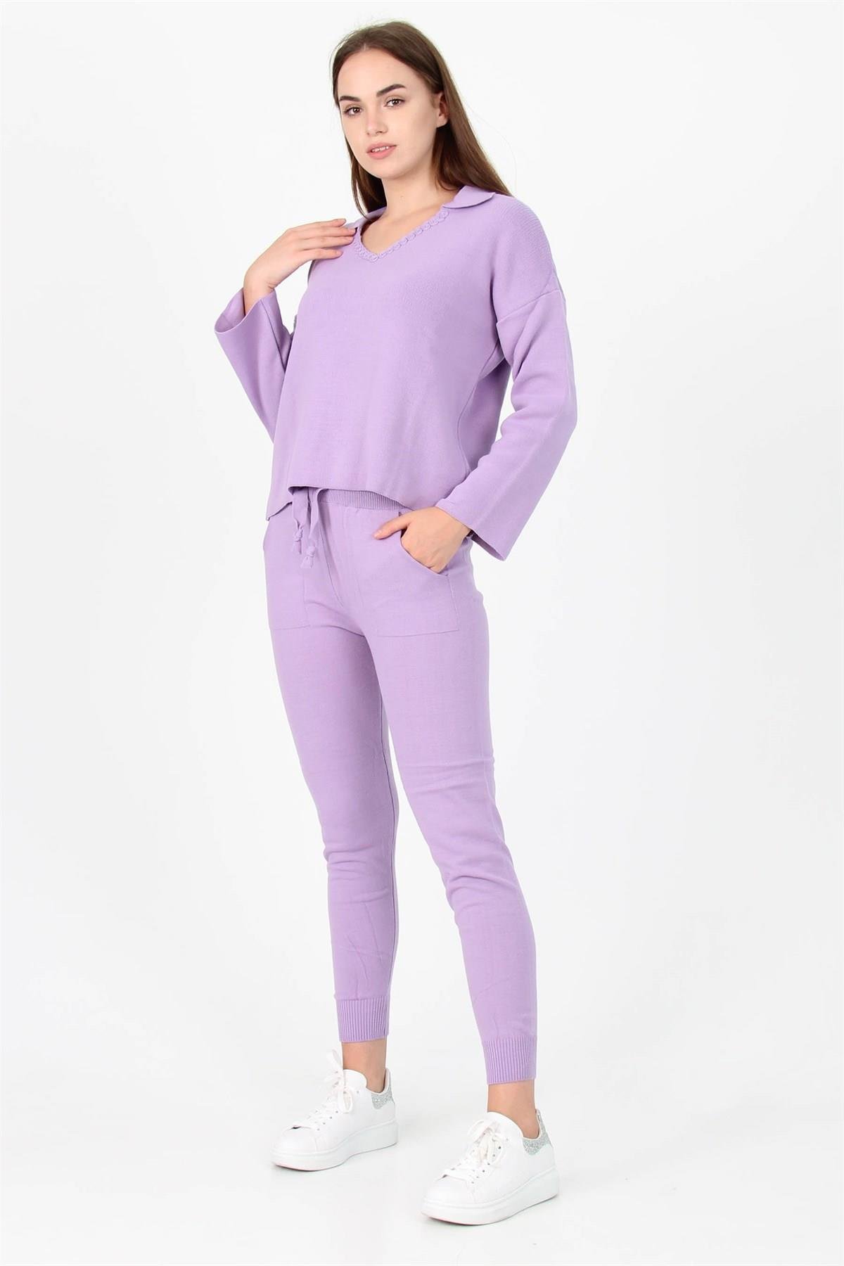 Dipmoda Kadın Yakası örgü detaylı İkili Triko Takım DPPCNH09