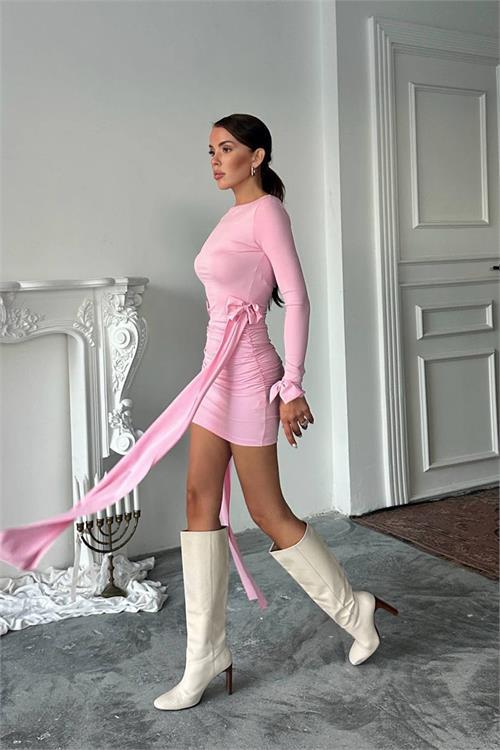 Dipmoda kadın yan kurdele detaylı mini elbise DPDF167