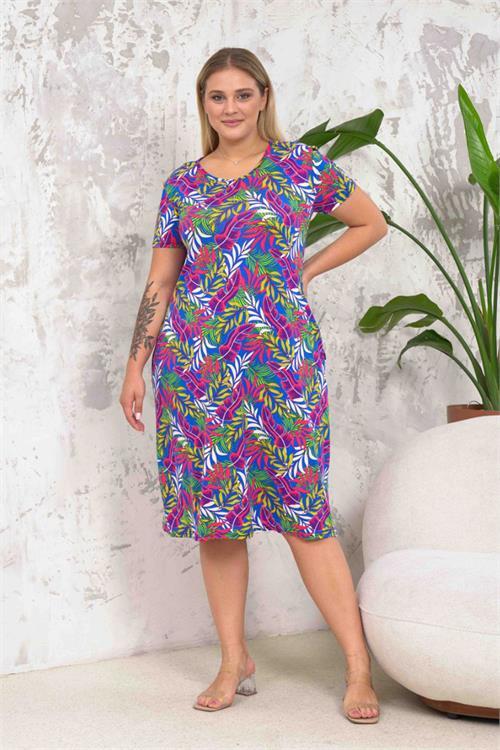 Dipmoda kadın yaprak desenli büyük beden elbise DPNBA045