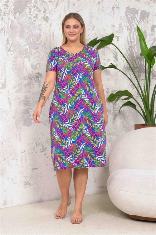 Dipmoda kadın yaprak desenli büyük beden elbise DPNBA045