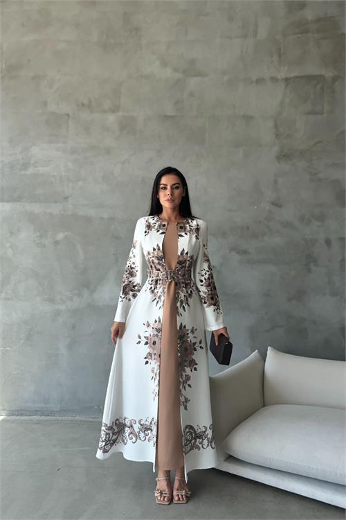 Dipmoda kadın yazlık babel kumaş desenli uzun elbise DPMS42127