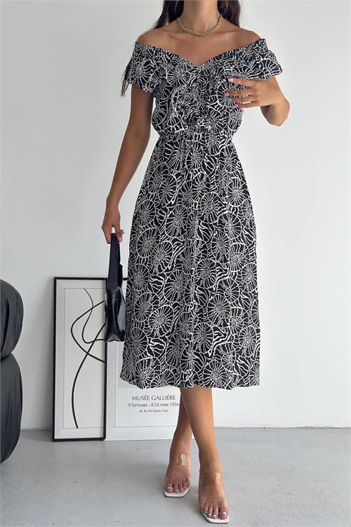 Dipmoda kadın yazlık V-yaka desenli viskon elbise KKLF20 