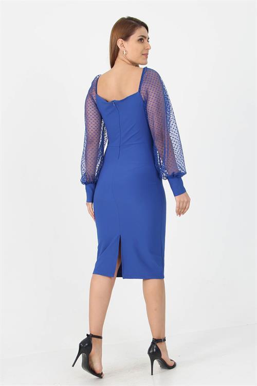 Dipmoda kadın yeni sezon kolları tül midi boy likralı elbise NB10004 