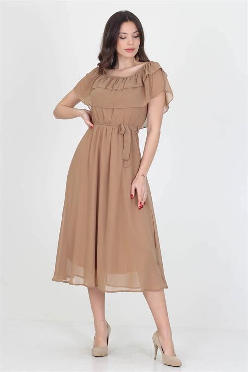 Dipmoda kadın yeni sezon madonna yaka bağlama detaylı şifon elbise RY8060 