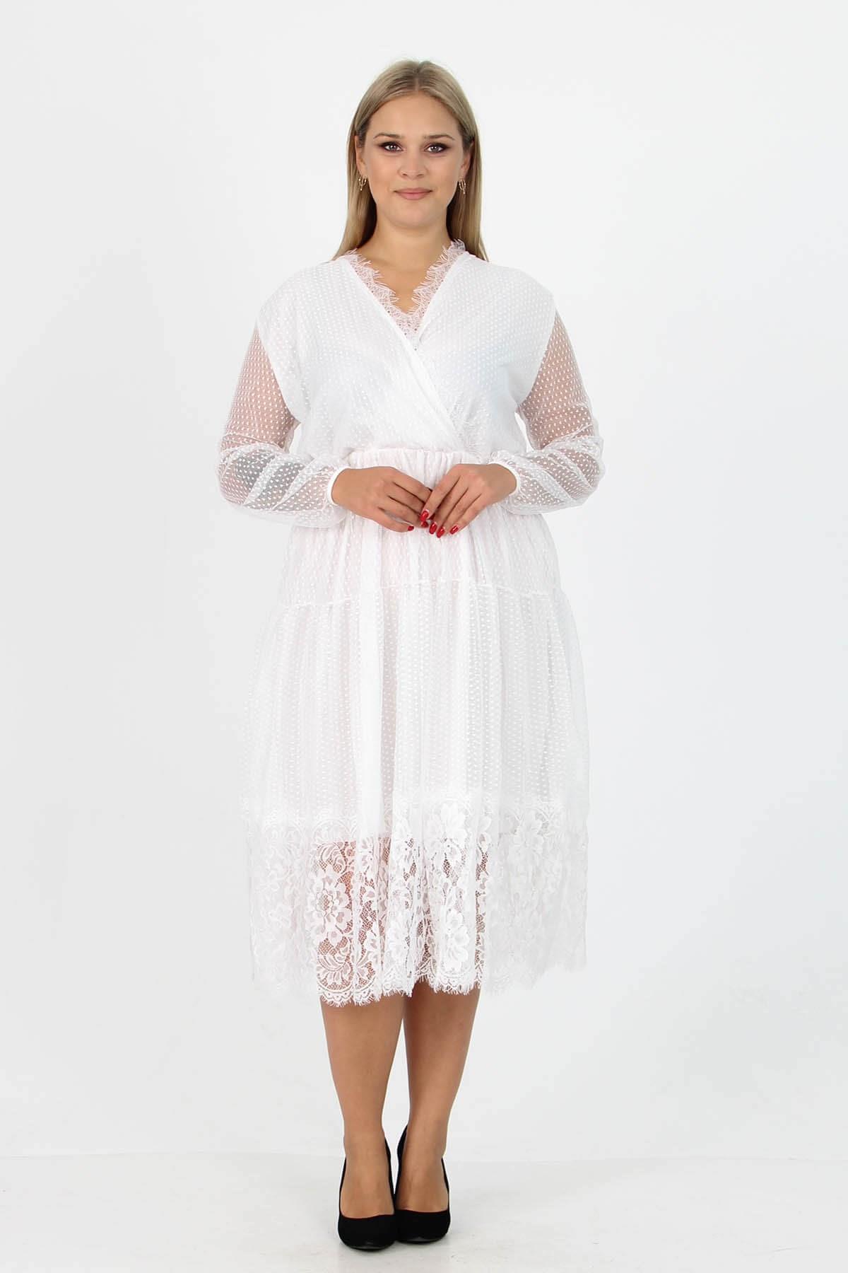 Dipmoda kadın yeni sezon tül detaylı kruvaze yaka büyük beden elbise APCX14 