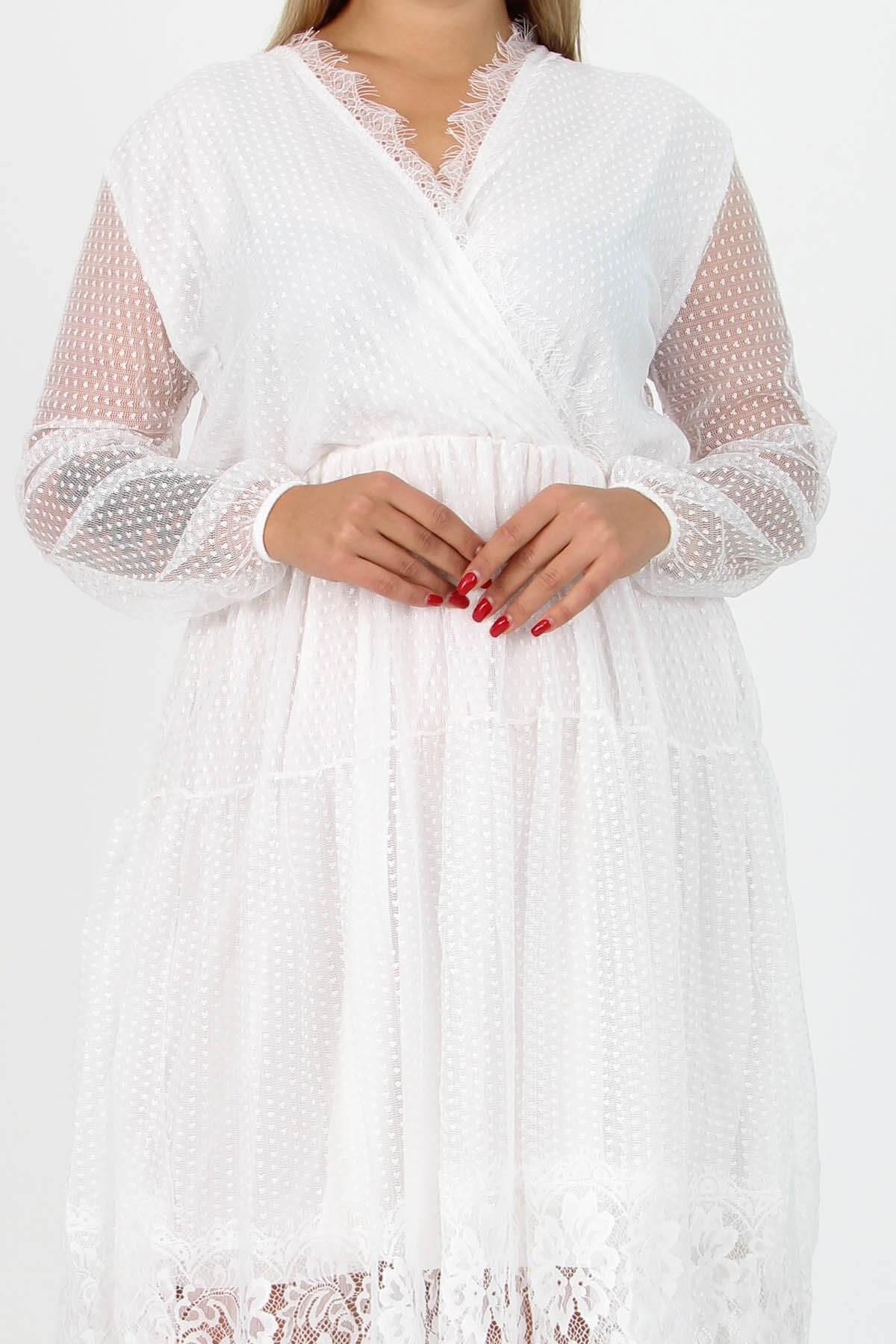 Dipmoda kadın yeni sezon tül detaylı kruvaze yaka büyük beden elbise APCX14 