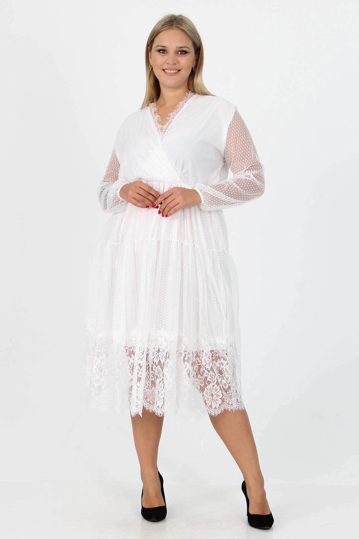 Dipmoda kadın yeni sezon tül detaylı kruvaze yaka büyük beden elbise APCX14 