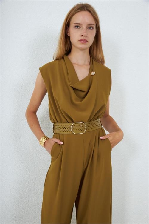 Dipmoda kadın yeşil degaje yaka kemerli kolsuz geniş paça tulum DPMY4030