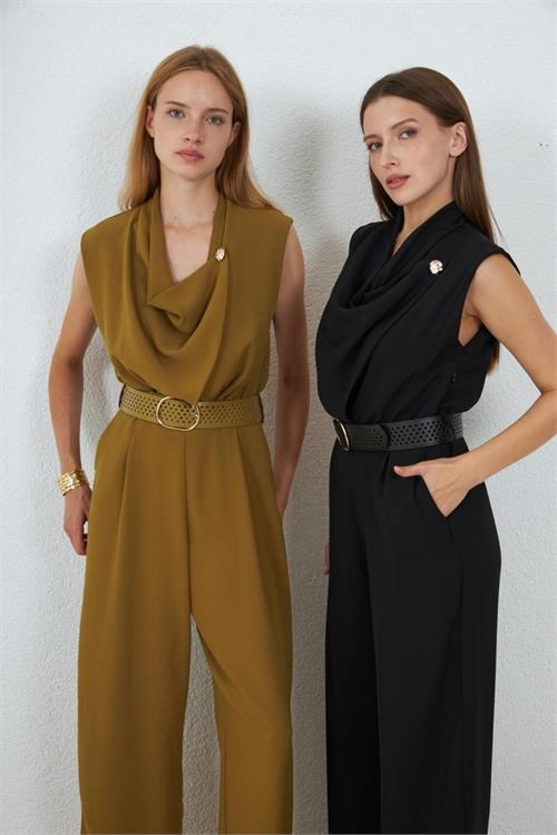 Dipmoda kadın yeşil degaje yaka kemerli kolsuz geniş paça tulum DPMY4030