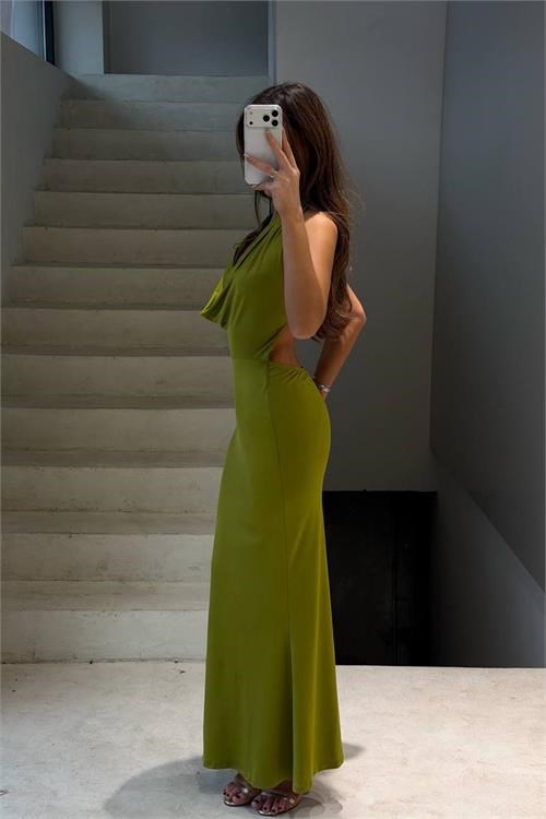 Dipmoda kadın yeşil degaje yaka sırt dekolteli maxi boy premium elbise DPDF298