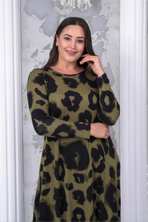 Dipmoda kadın yeşil desenli büyük beden elbise NBA031
