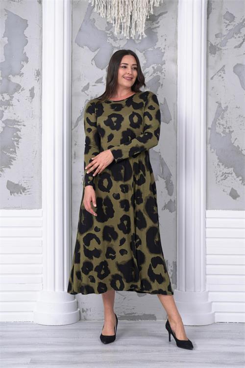 Dipmoda kadın yeşil desenli büyük beden elbise NBA031
