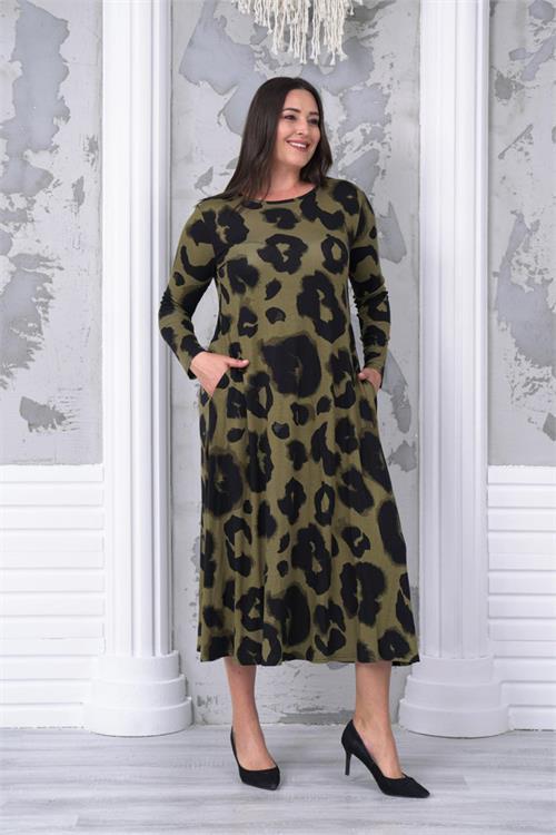 Dipmoda kadın yeşil desenli büyük beden elbise NBA031