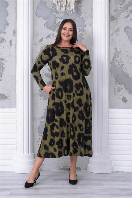 Dipmoda kadın yeşil desenli büyük beden elbise NBA031