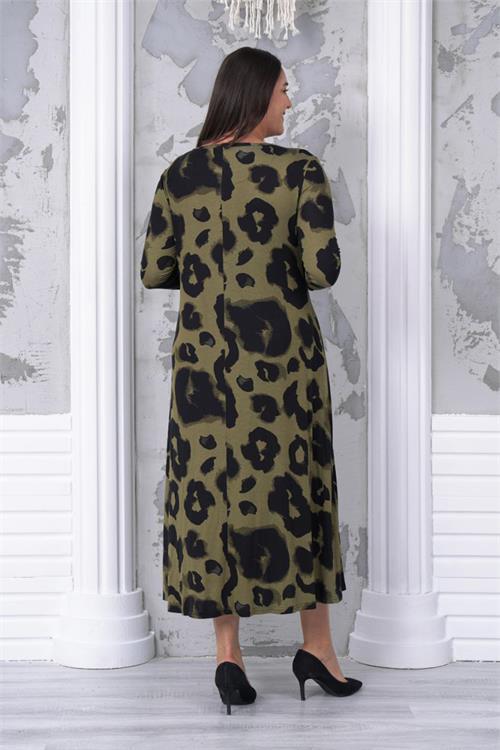 Dipmoda kadın yeşil desenli büyük beden elbise NBA031