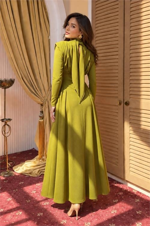 Dipmoda kadın yeşil dik yaka vatkalı krep kumaş boyun bağlamalı elbise DPMY4158