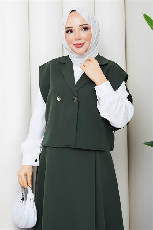 Dipmoda kadın yeşil düğme detaylı yelek bluz etek üçlü tesettür takım DPFT007