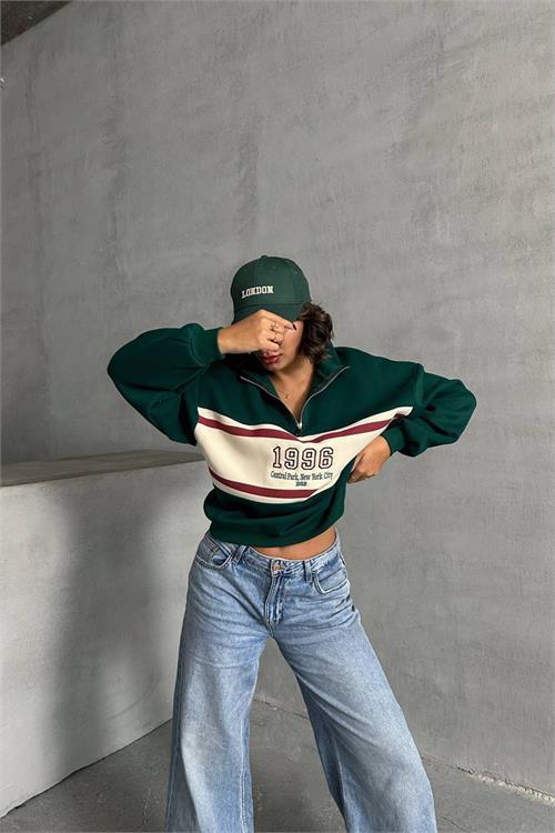 Dipmoda kadın yeşil fermuar detaylı sweatshirt DPNBG060