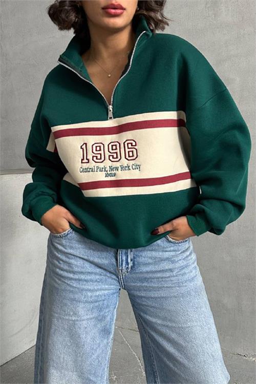 Dipmoda kadın yeşil fermuar detaylı sweatshirt DPNBG060