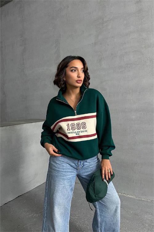 Dipmoda kadın yeşil fermuar detaylı sweatshirt DPNBG060