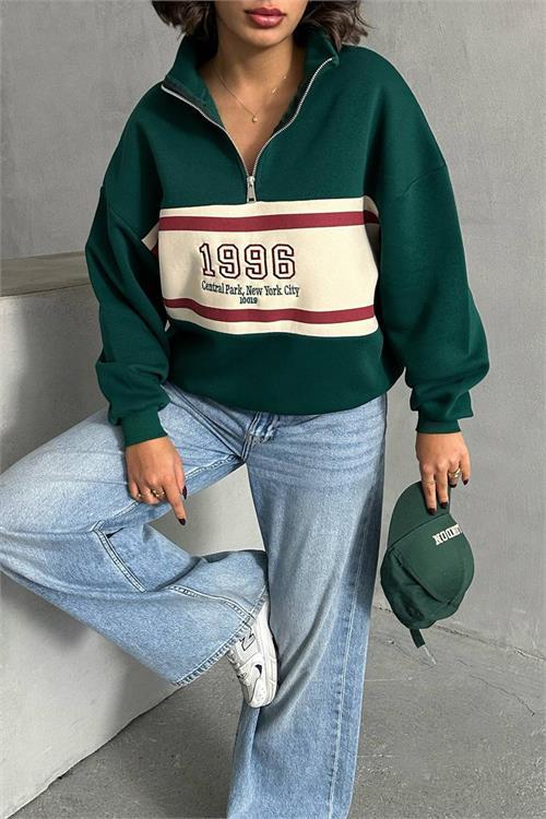 Dipmoda kadın yeşil fermuar detaylı sweatshirt DPNBG060