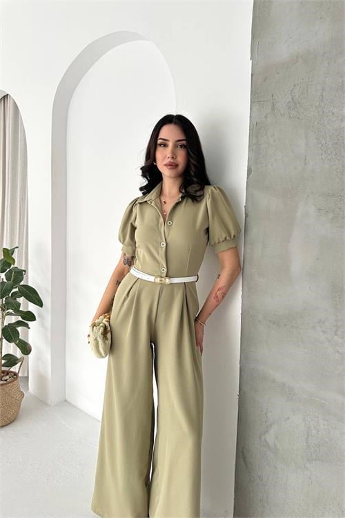 Dipmoda kadın yeşil gömlek yaka kemerli geniş paça tulum DPK4197