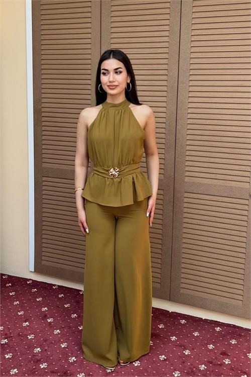 Dipmoda kadın yeşil halter yaka bel toka kemer detaylı geniş paça premium tulum DPMY3944