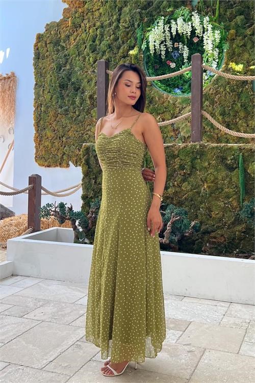 Dipmoda kadın yeşil ince askılı puantiye desen göğüs drapeli midi boy elbise DPMY4037