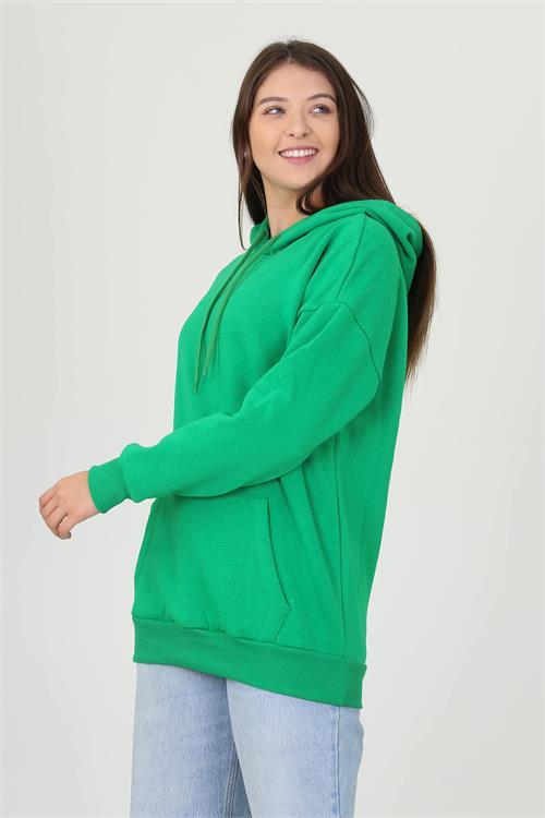 Dipmoda kadın yeşil kapüşonlu kanguru cepli üç iplik sweatshirt FVR002 