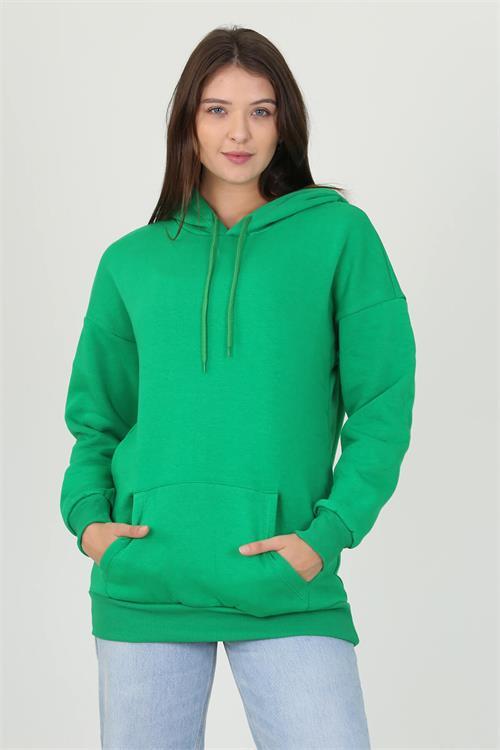 Dipmoda kadın yeşil kapüşonlu kanguru cepli üç iplik sweatshirt FVR002 