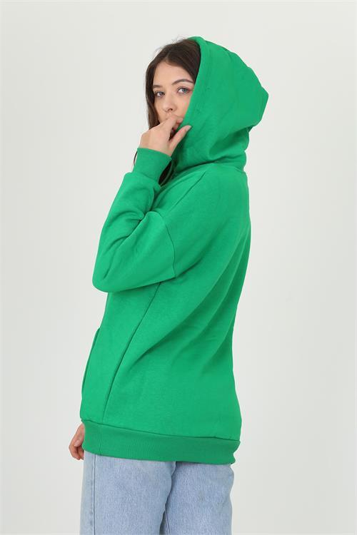 Dipmoda kadın yeşil kapüşonlu kanguru cepli üç iplik sweatshirt FVR002 
