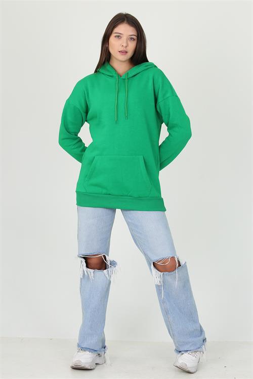 Dipmoda kadın yeşil kapüşonlu kanguru cepli üç iplik sweatshirt FVR002 