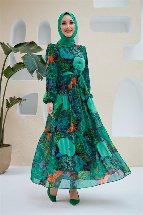 Dipmoda kadın yeşil kemerli tesettür şifon elbise SMS025 