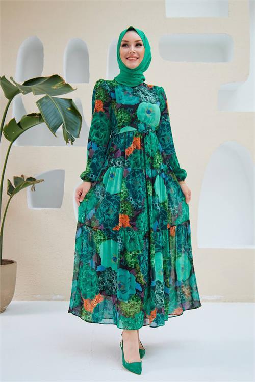 Dipmoda kadın yeşil kemerli tesettür şifon elbise SMS025 