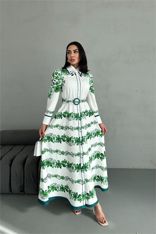 Dipmoda kadın yeşil kemerli uzun elbise DPMS25015