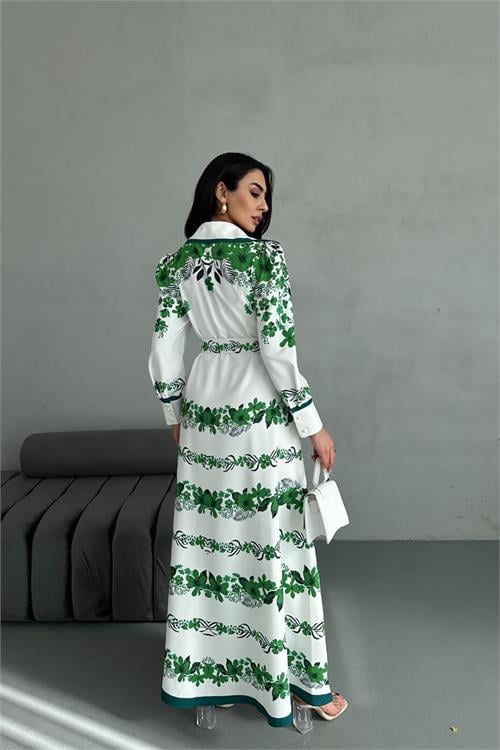 Dipmoda kadın yeşil kemerli uzun elbise DPMS25015