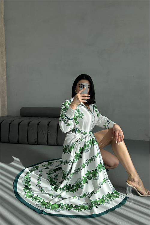 Dipmoda kadın yeşil kemerli uzun elbise DPMS25015