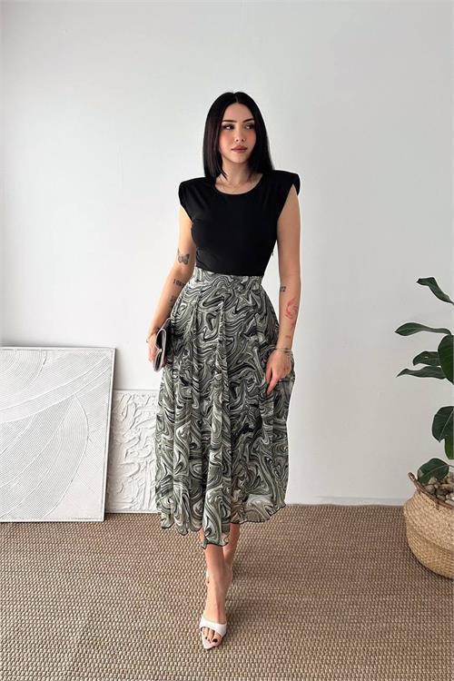 Dipmoda kadın yeşil modern kesim vatkalı asimetrik kesim mermer desen elbise DPK4593