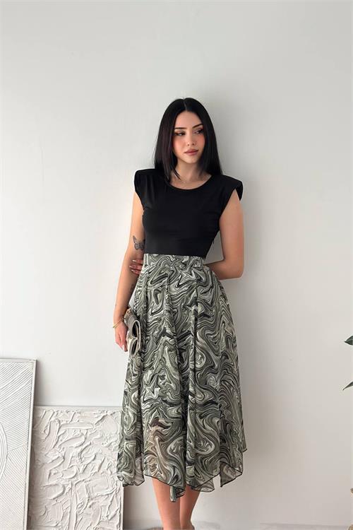 Dipmoda kadın yeşil modern kesim vatkalı asimetrik kesim mermer desen elbise DPK4593