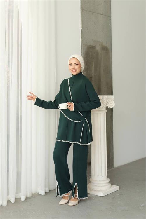 Dipmoda kadın yeşil pantolon tunik ikili tesettür takım NMS017 