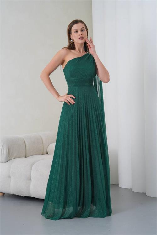 Dipmoda kadın yeşil tek omuz tokalı drape detaylı ışıltılı tül kumaş abiye elbise DPS9388