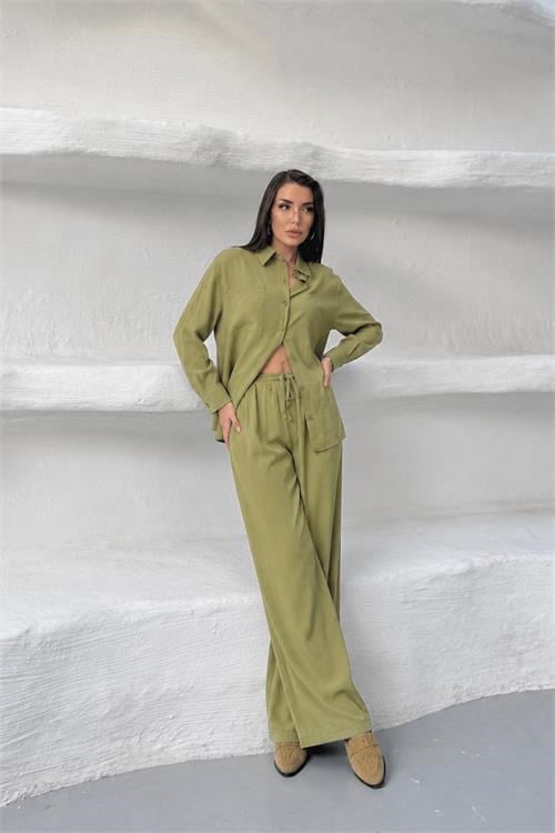 Dipmoda kadın yeşil tensel kumaş oversize gömlek pantolon ikili takım DPNP037
