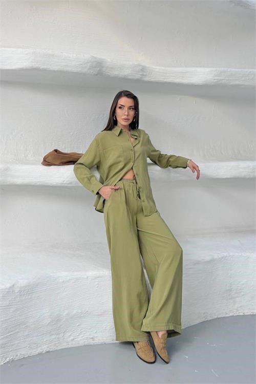 Dipmoda kadın yeşil tensel kumaş oversize gömlek pantolon ikili takım DPNP037