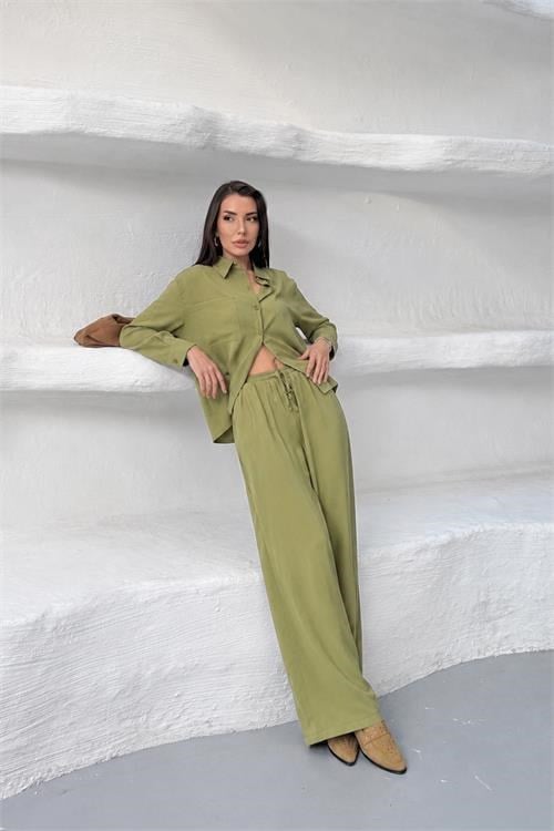 Dipmoda kadın yeşil tensel kumaş oversize gömlek pantolon ikili takım DPNP037
