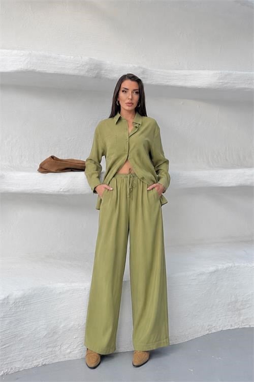 Dipmoda kadın yeşil tensel kumaş oversize gömlek pantolon ikili takım DPNP037