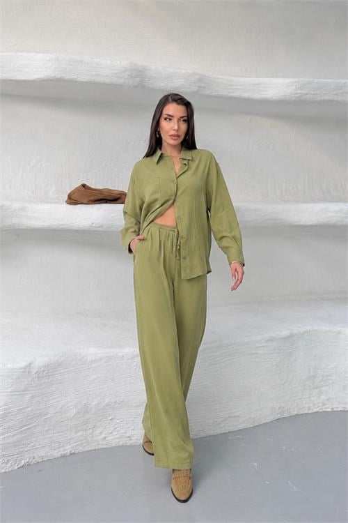 Dipmoda kadın yeşil tensel kumaş oversize gömlek pantolon ikili takım DPNP037