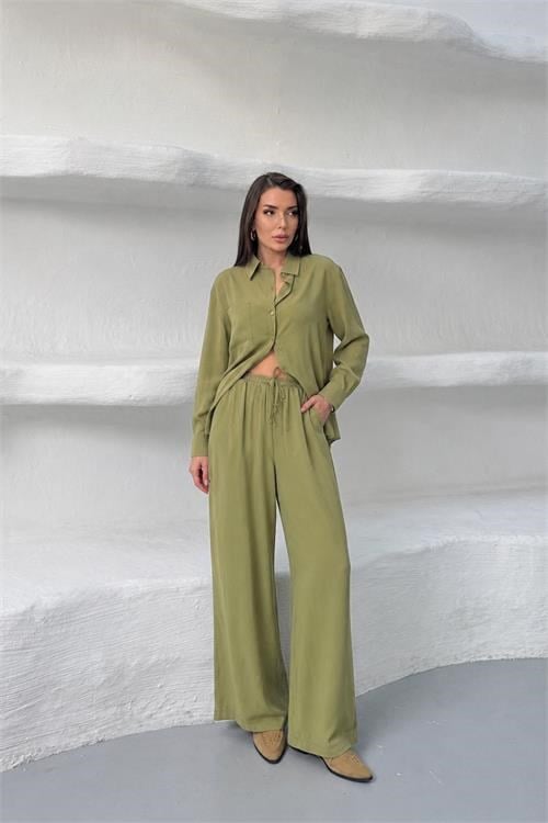 Dipmoda kadın yeşil tensel kumaş oversize gömlek pantolon ikili takım DPNP037