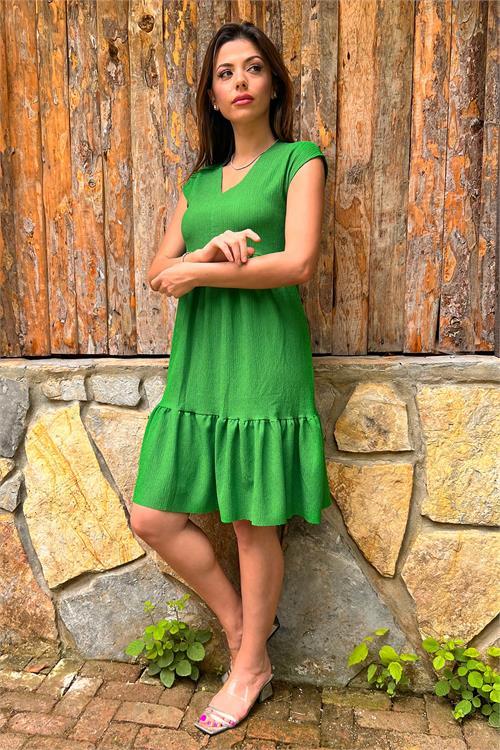 Dipmoda kadın yeşil V-yaka eteği fırfırlı yazlık elbise LPTR02 